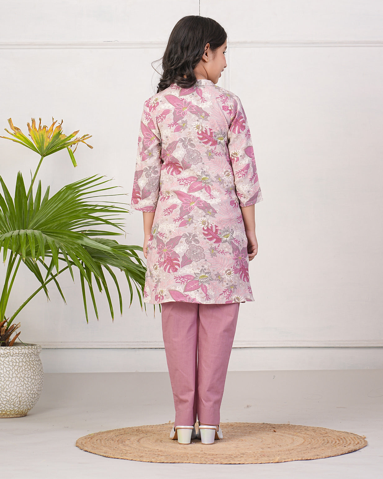 Pink With Leafy Printed Rayon Kurti