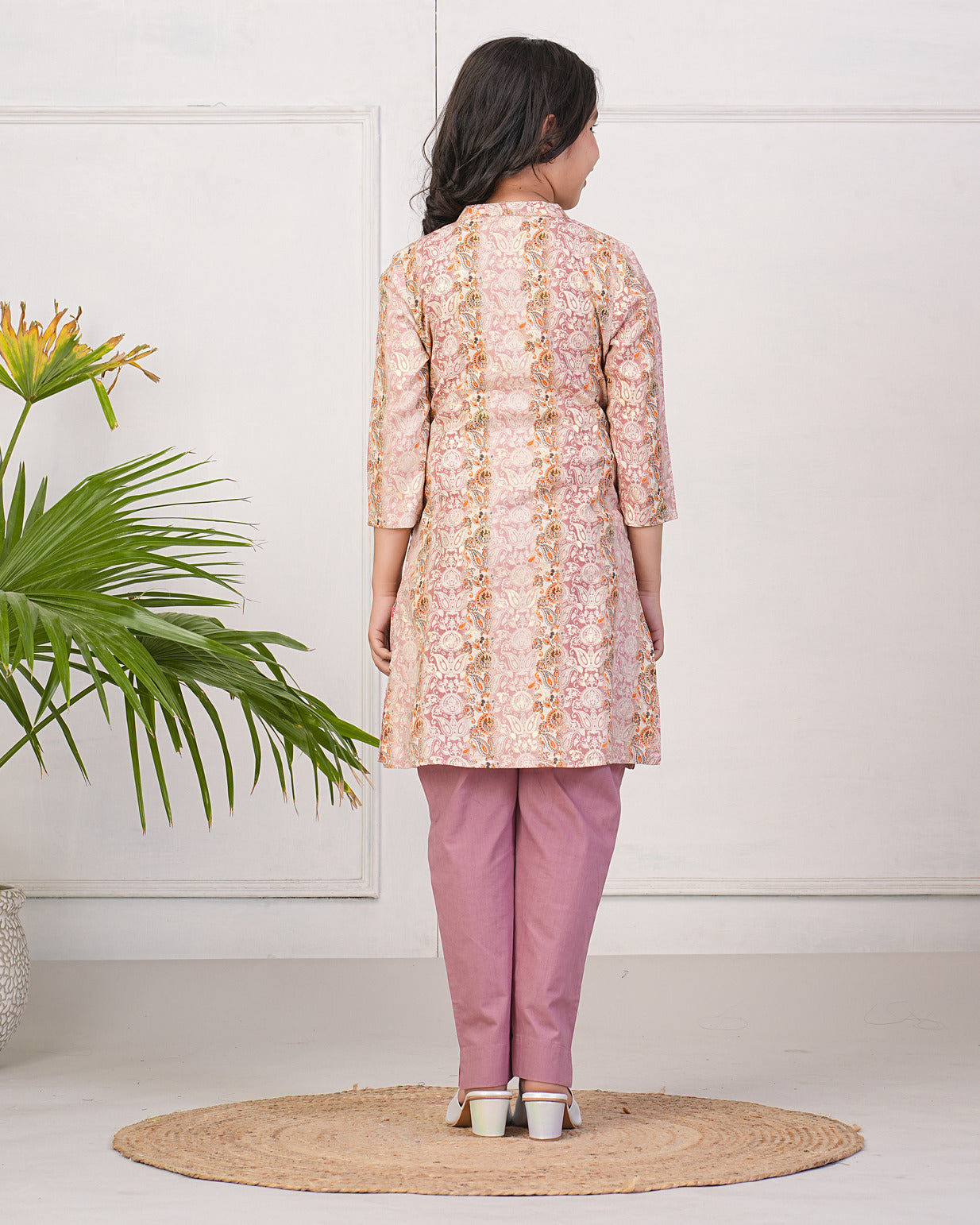 Peach With Gold Printed Queen Cut Muslin Kurti