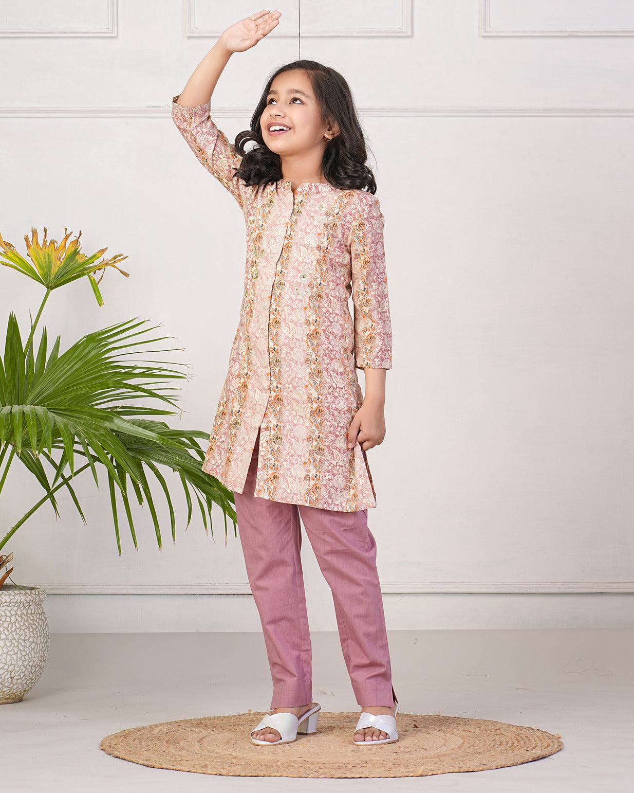 Peach With Gold Printed Queen Cut Muslin Kurti
