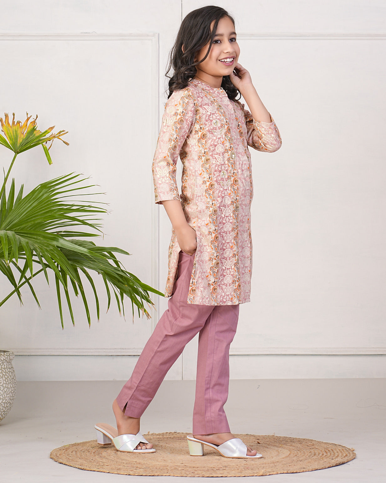 Peach With Gold Printed Queen Cut Muslin Kurti