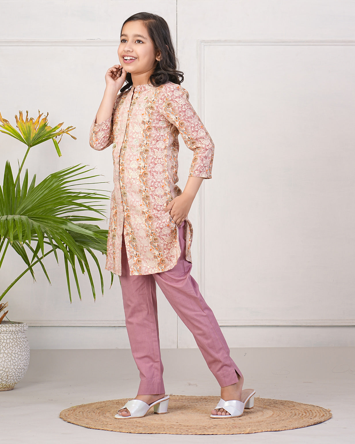 Peach With Gold Printed Queen Cut Muslin Kurti
