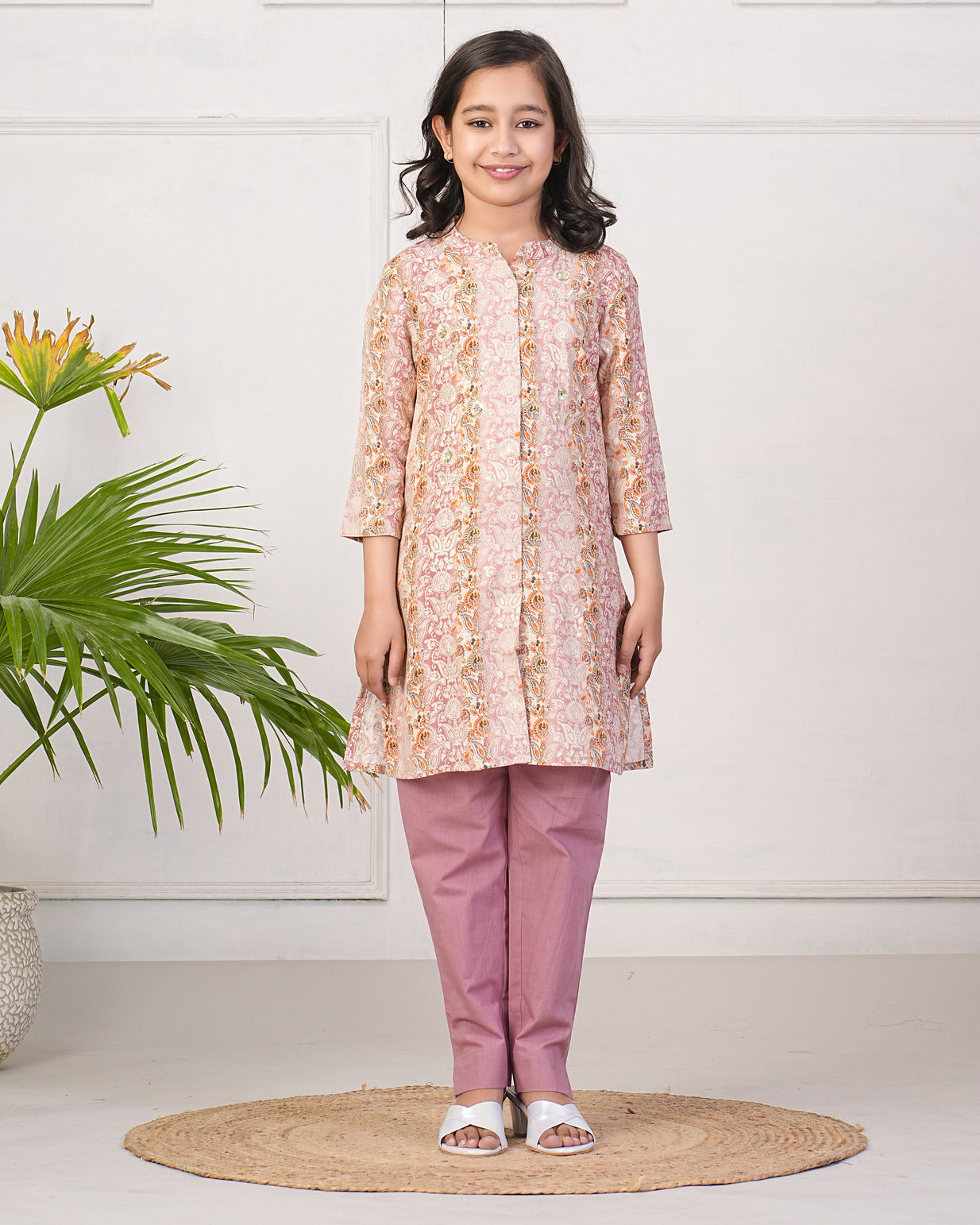 Peach With Gold Printed Queen Cut Muslin Kurti