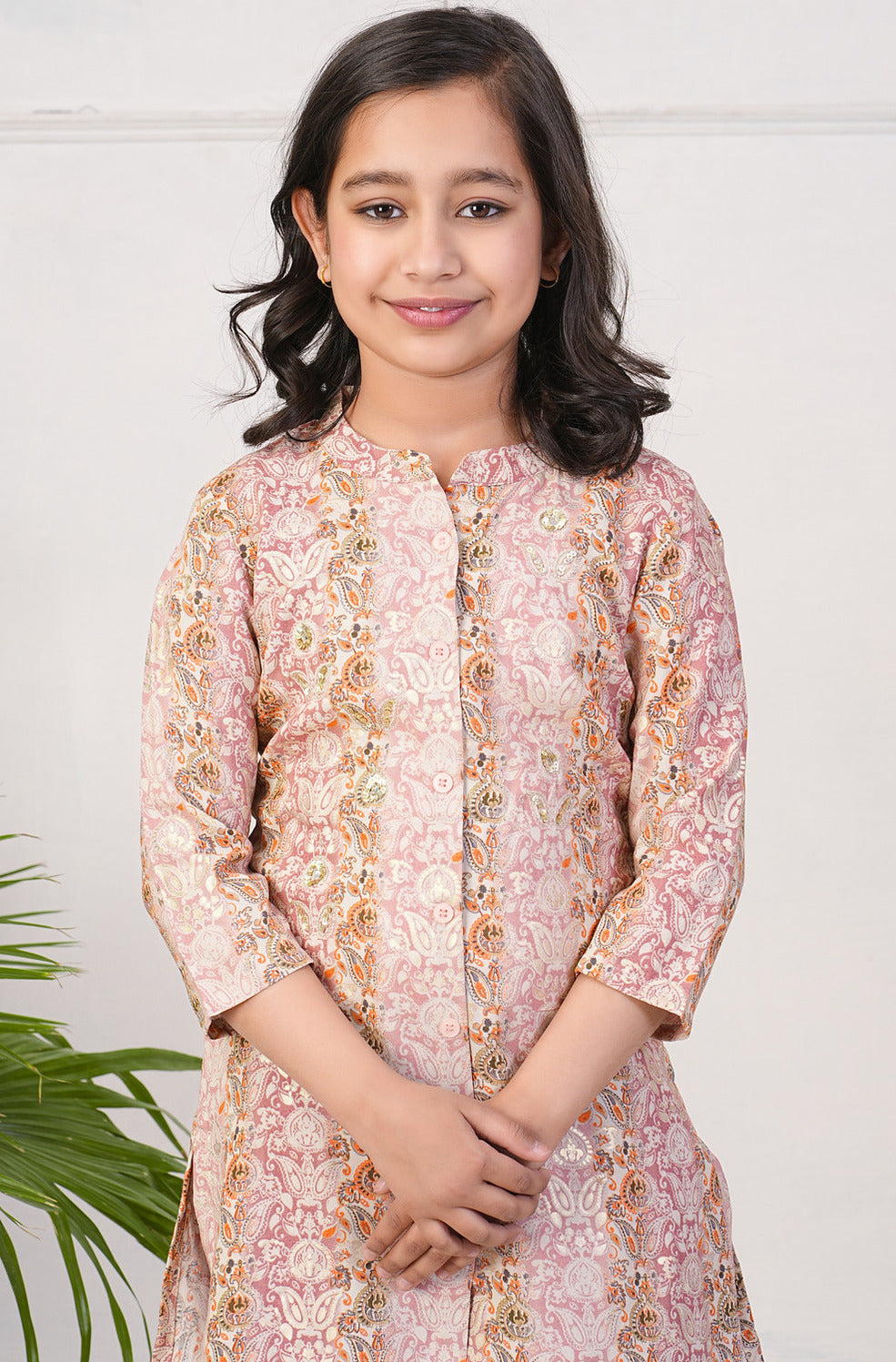 Peach With Gold Printed Queen Cut Muslin Kurti