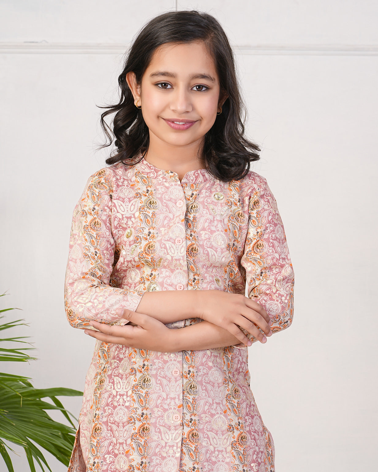 Peach With Gold Printed Queen Cut Muslin Kurti