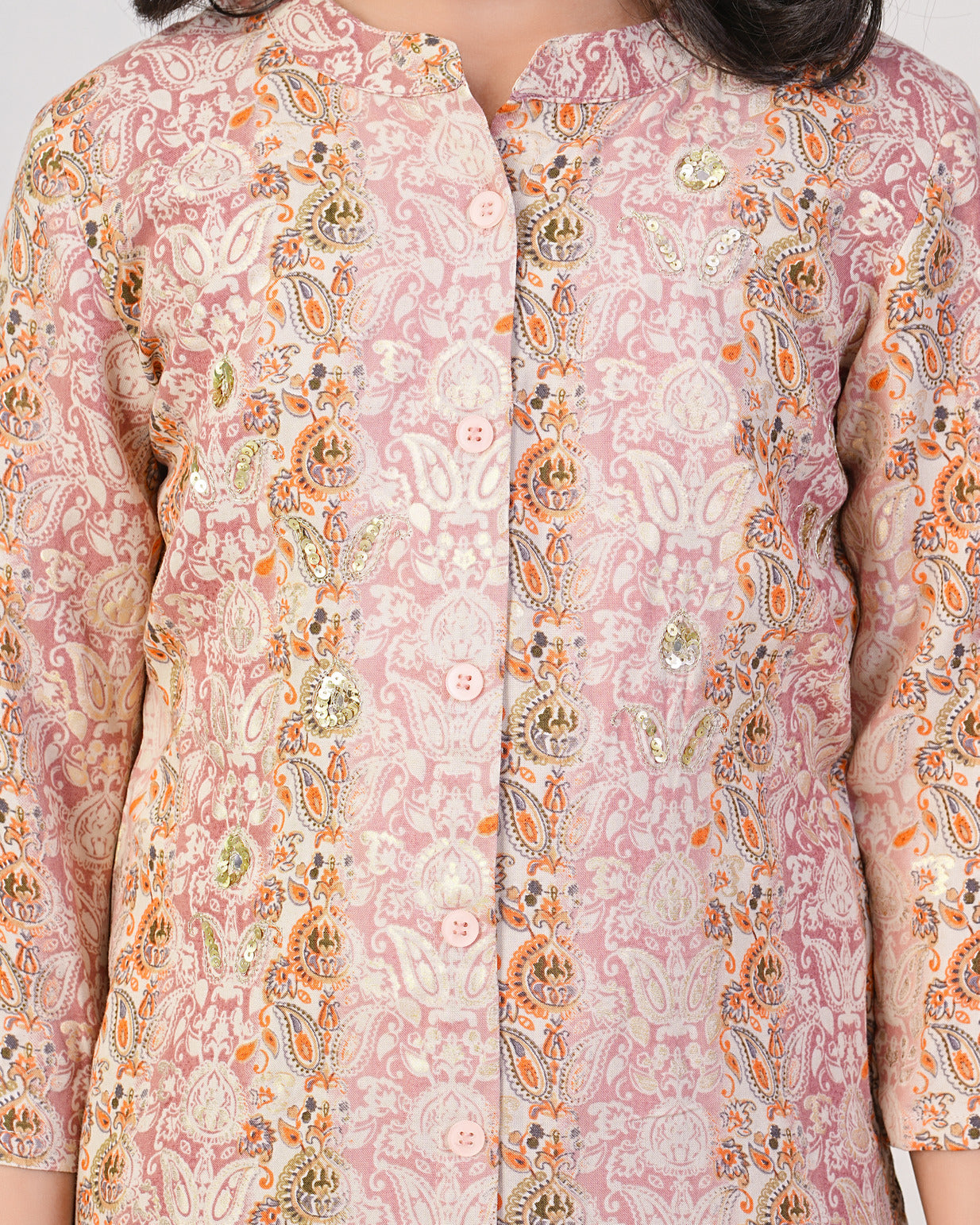 Peach With Gold Printed Queen Cut Muslin Kurti