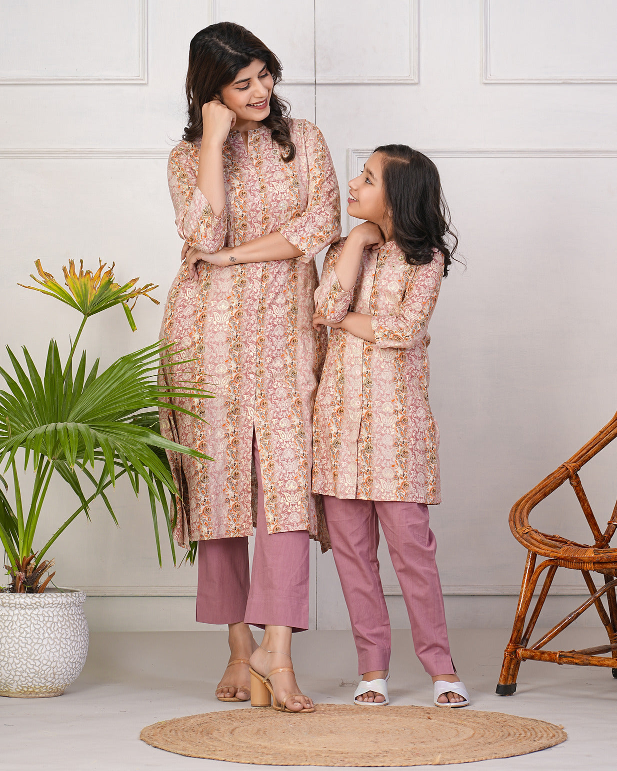 Peach With Gold Printed Queen Cut Muslin Kurti