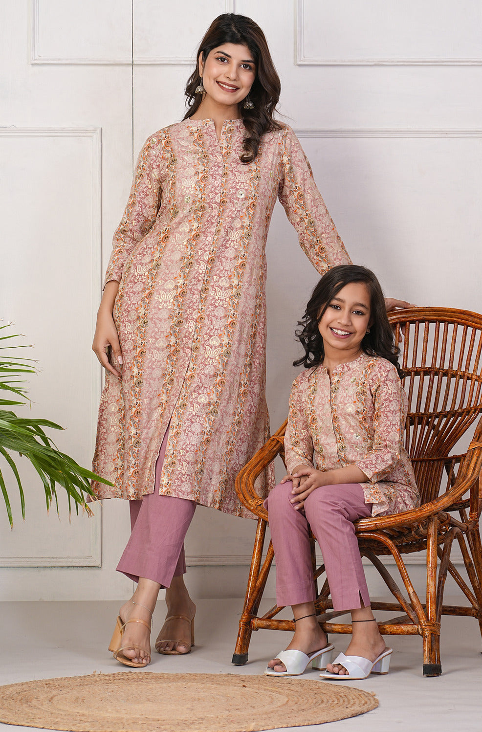 Peach With Gold Printed Queen Cut Muslin Kurti