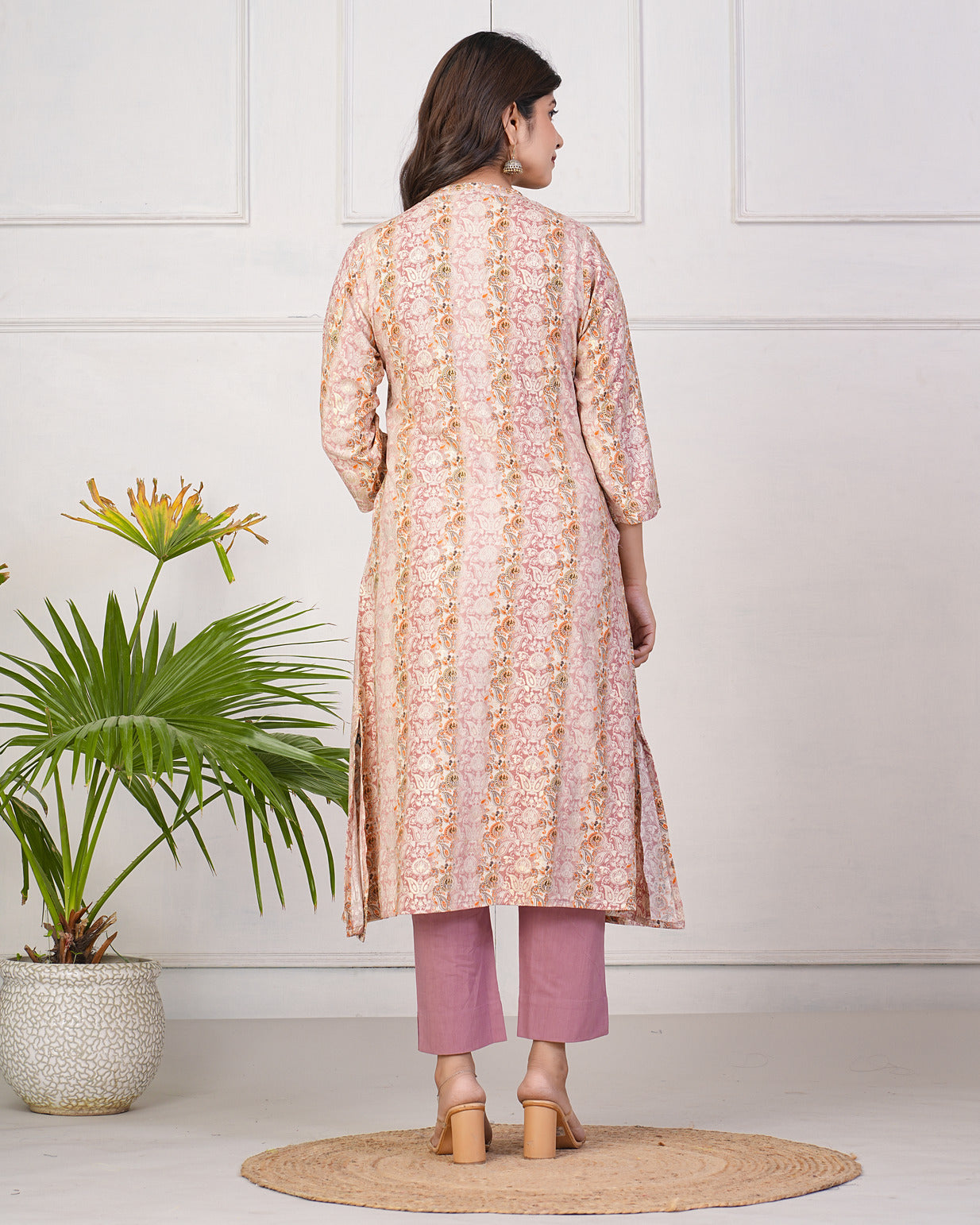 Peach With Gold Printed Queen Cut Muslin Kurti