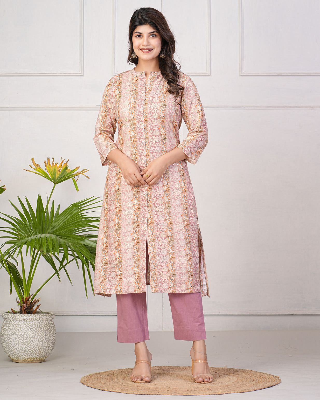 Peach With Gold Printed Queen Cut Muslin Kurti