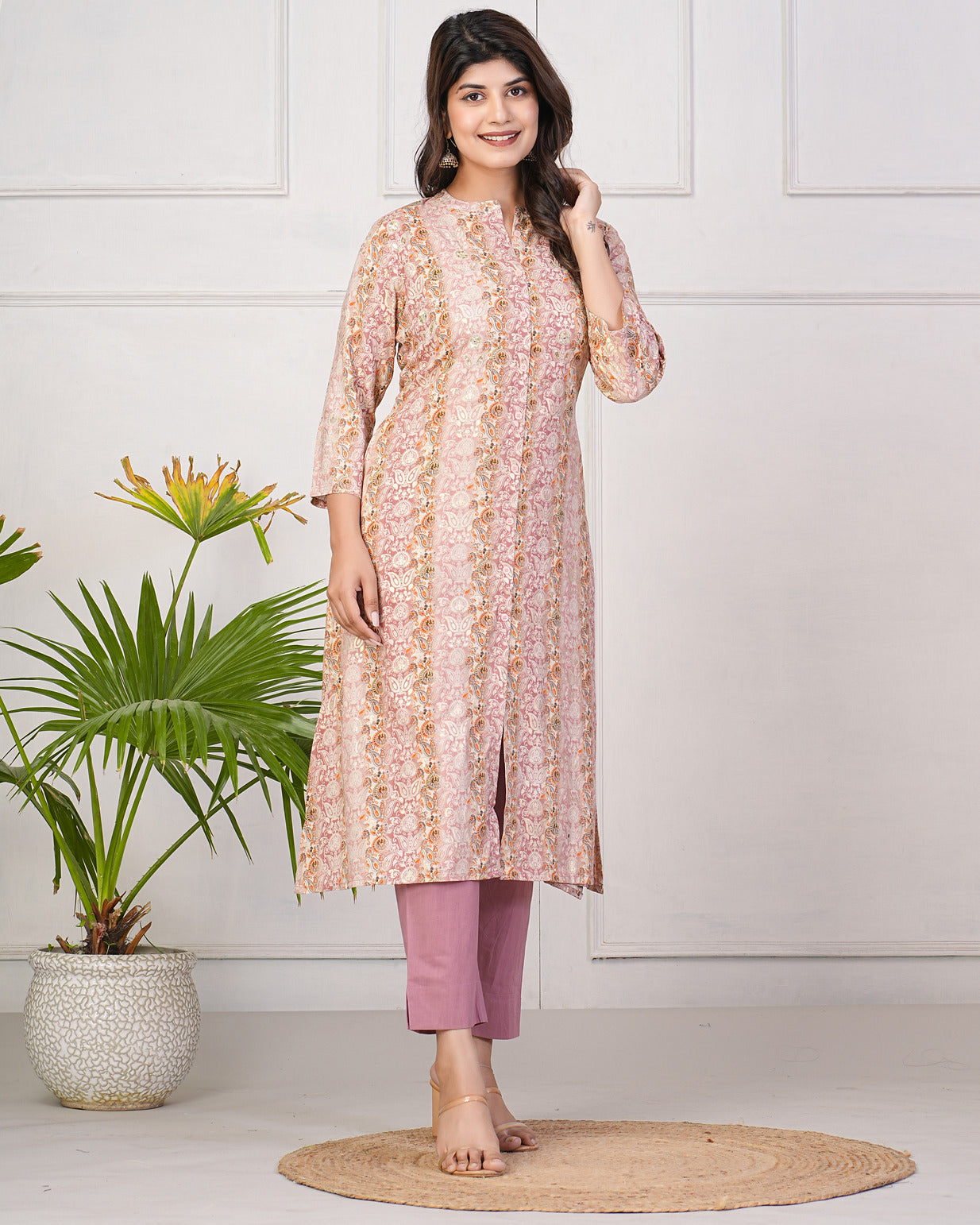 Peach With Gold Printed Queen Cut Muslin Kurti