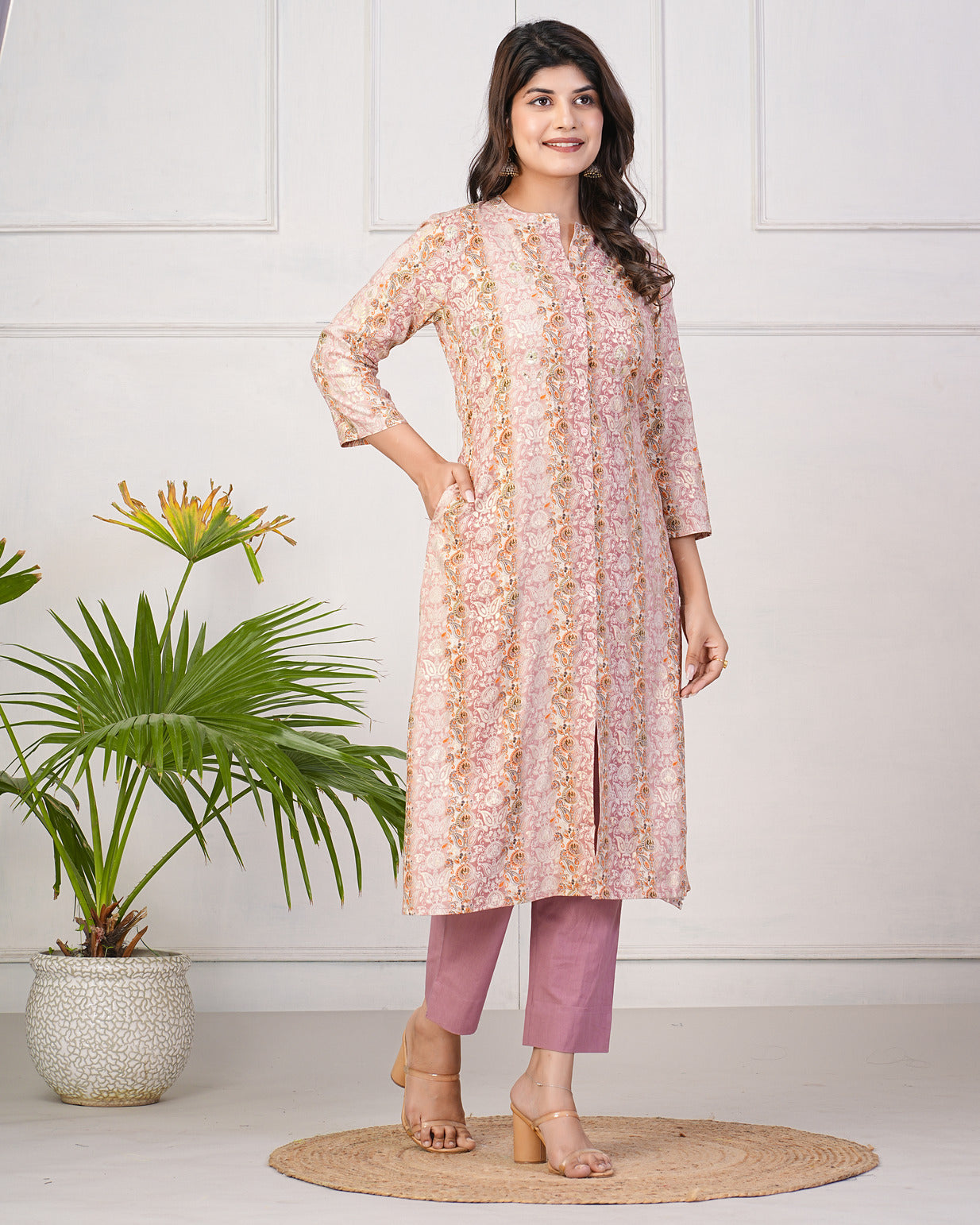 Peach With Gold Printed Queen Cut Muslin Kurti