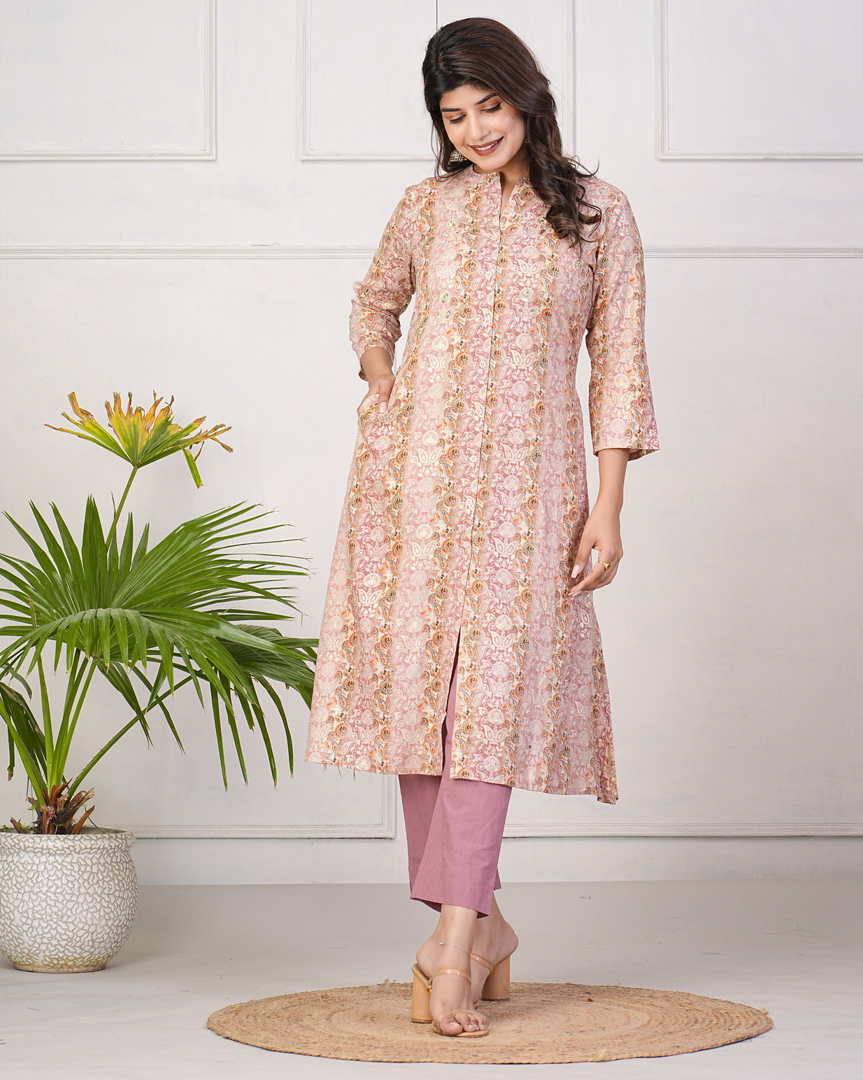 Peach With Gold Printed Queen Cut Muslin Kurti
