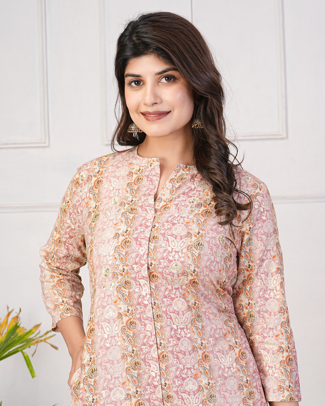 Peach With Gold Printed Queen Cut Muslin Kurti
