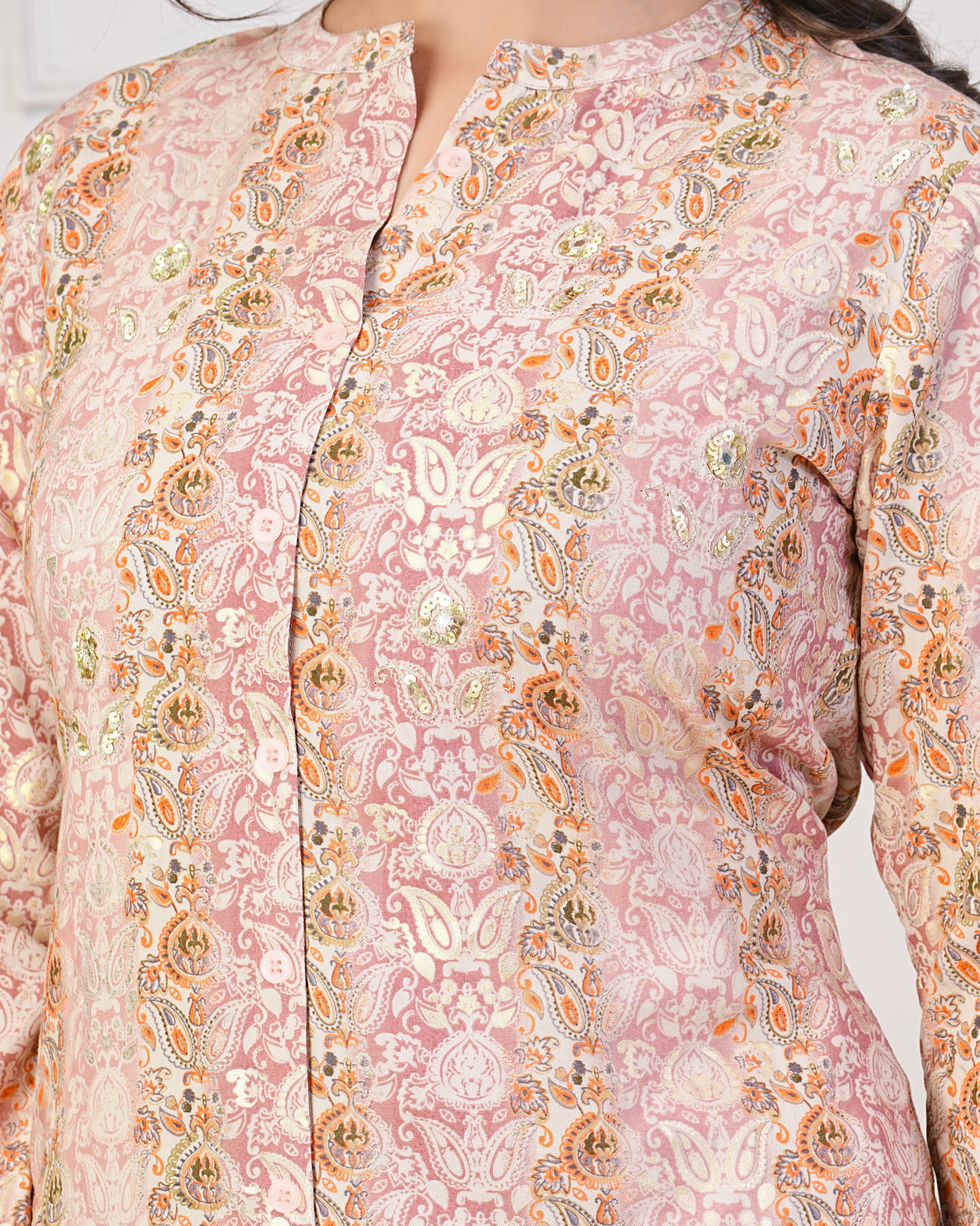 Peach With Gold Printed Queen Cut Muslin Kurti