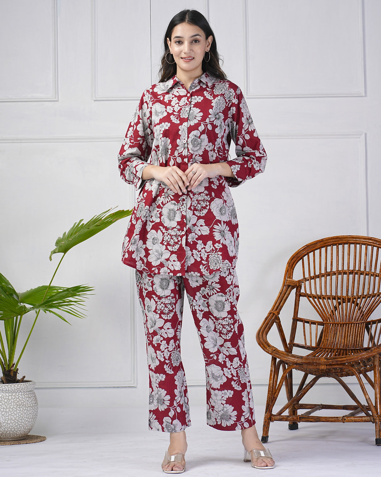 Maroon Floral Collar Cotton Co-ord Set