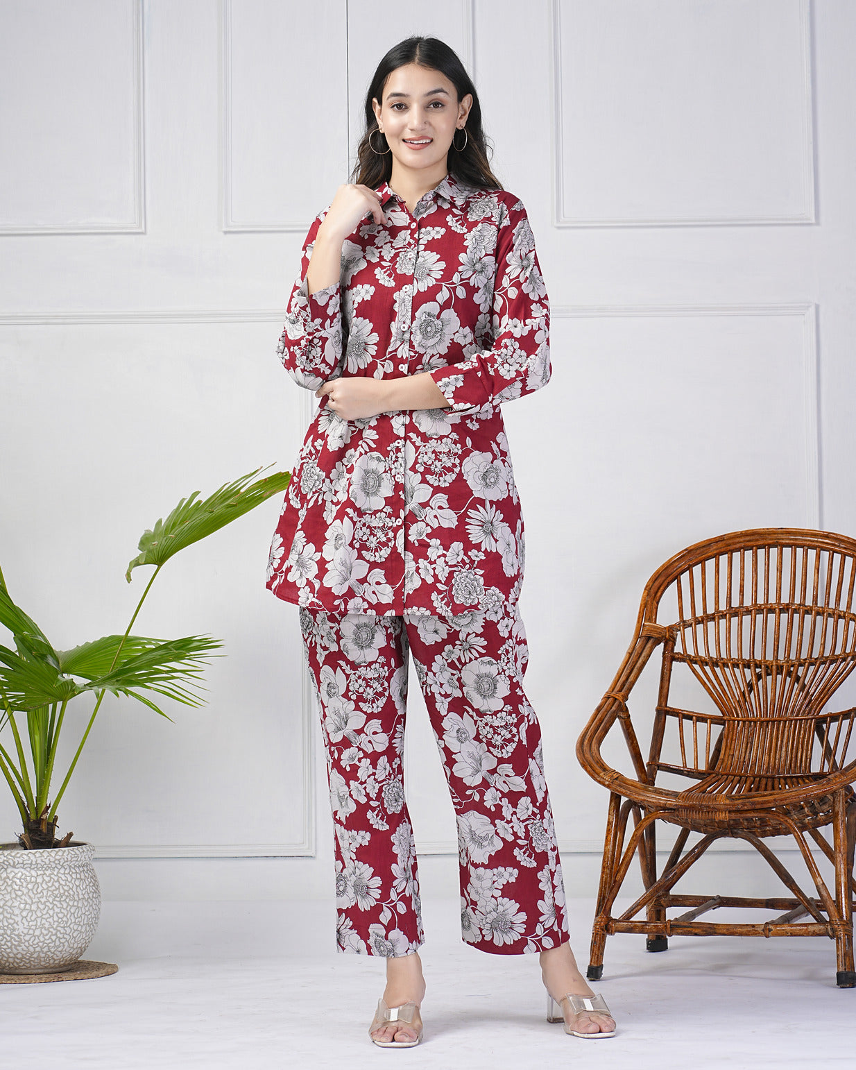 Maroon Floral Collar Cotton Co-ord Set
