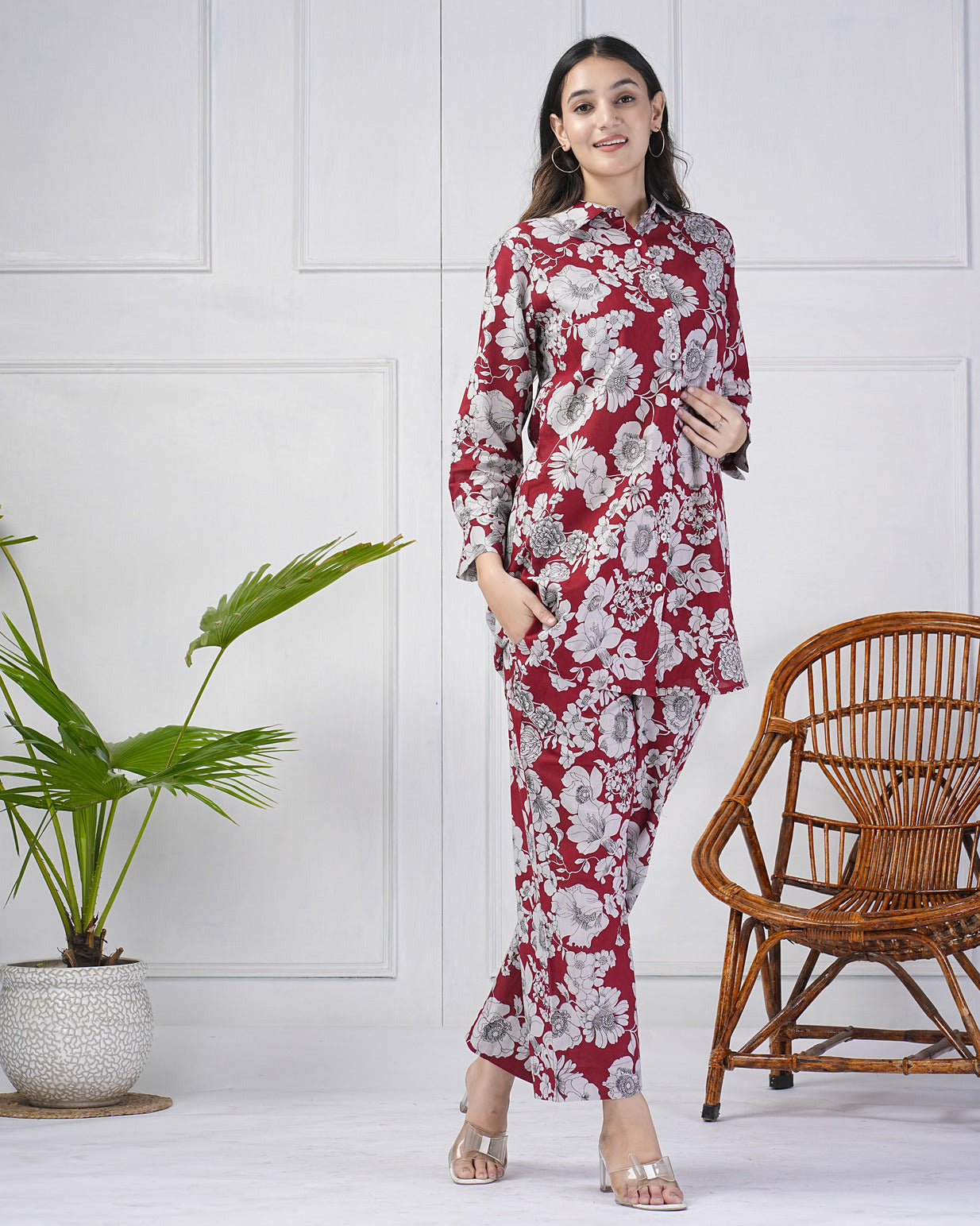 Maroon Floral Collar Cotton Co-ord Set