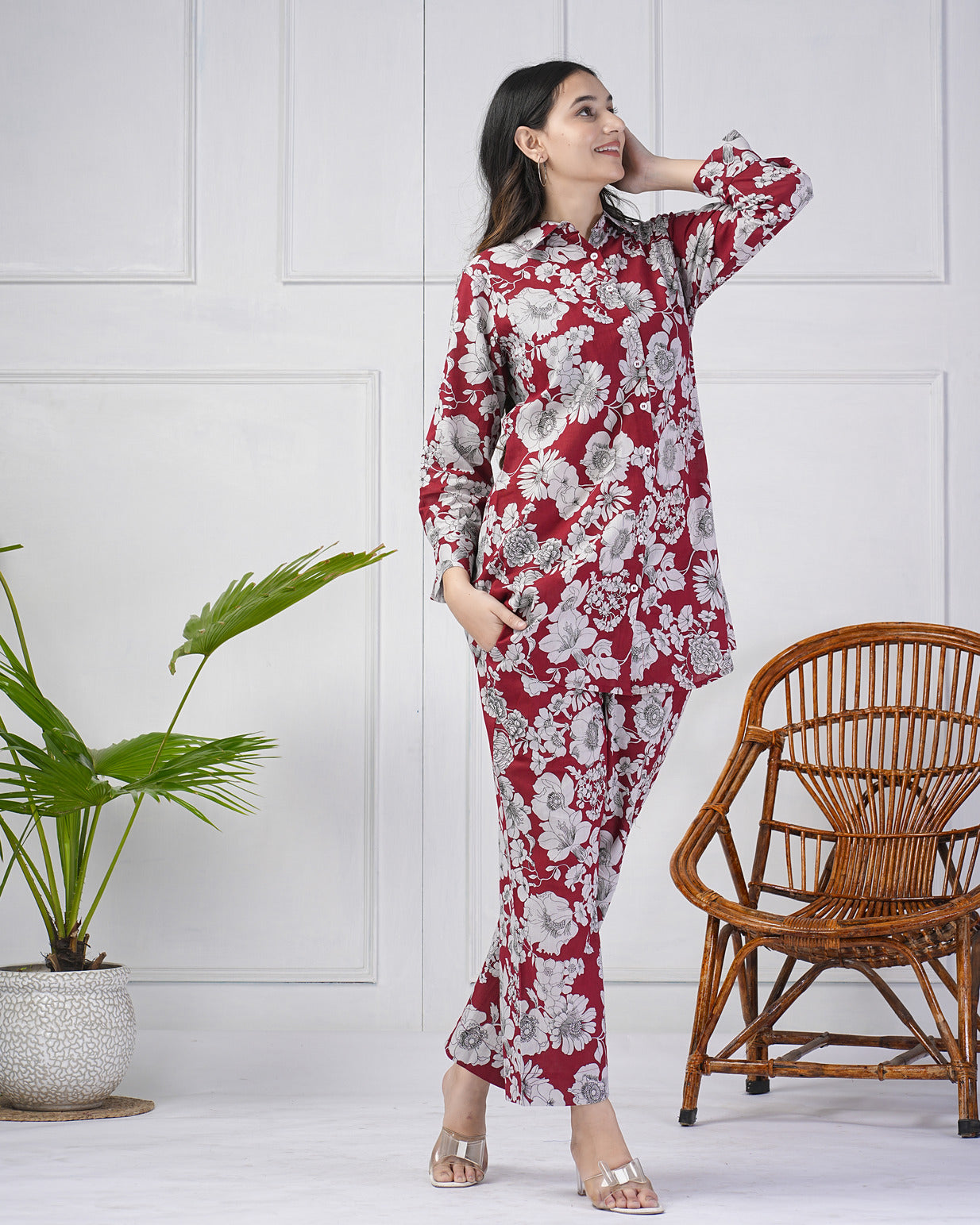 Maroon Floral Collar Cotton Co-ord Set