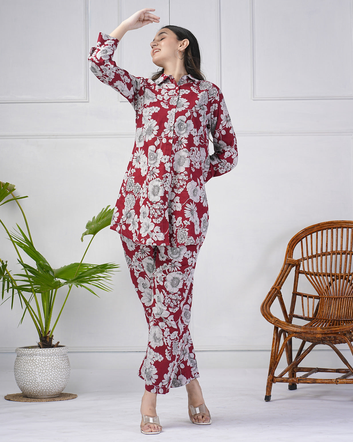 Maroon Floral Collar Cotton Co-ord Set