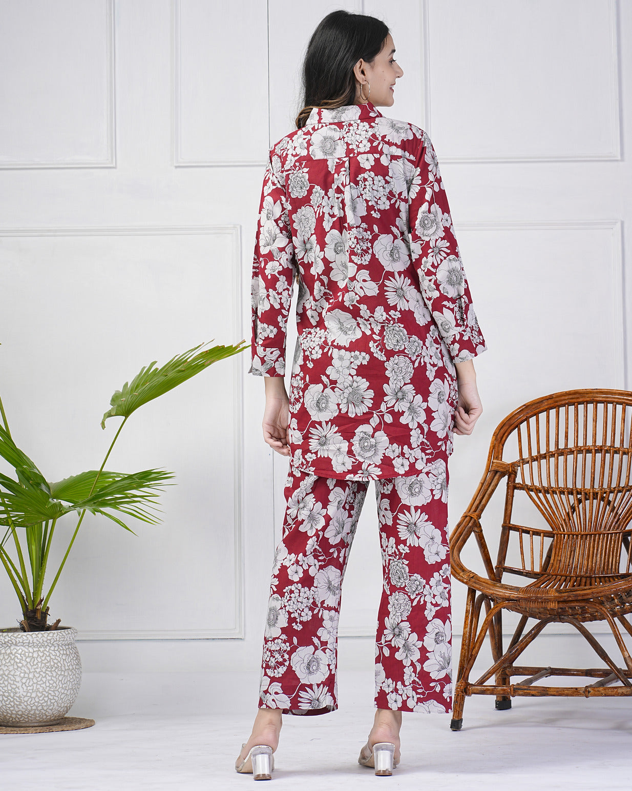 Maroon Floral Collar Cotton Co-ord Set