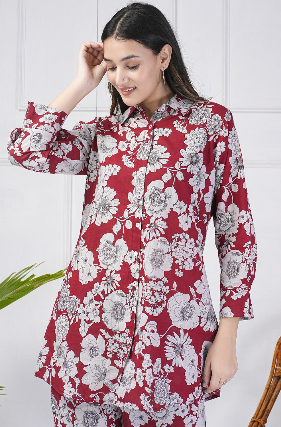 Maroon Floral Collar Cotton Co-ord Set