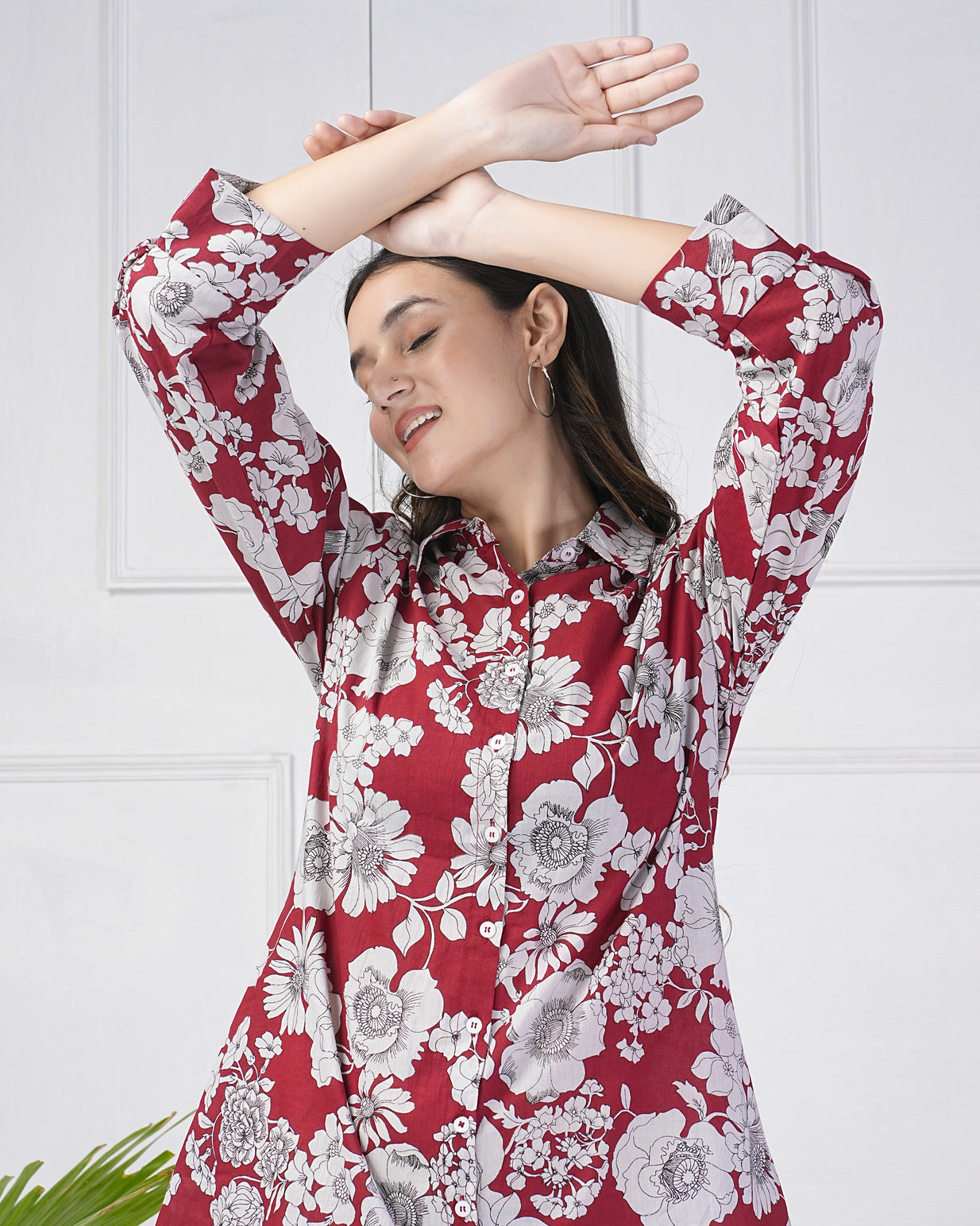 Maroon Floral Collar Cotton Co-ord Set