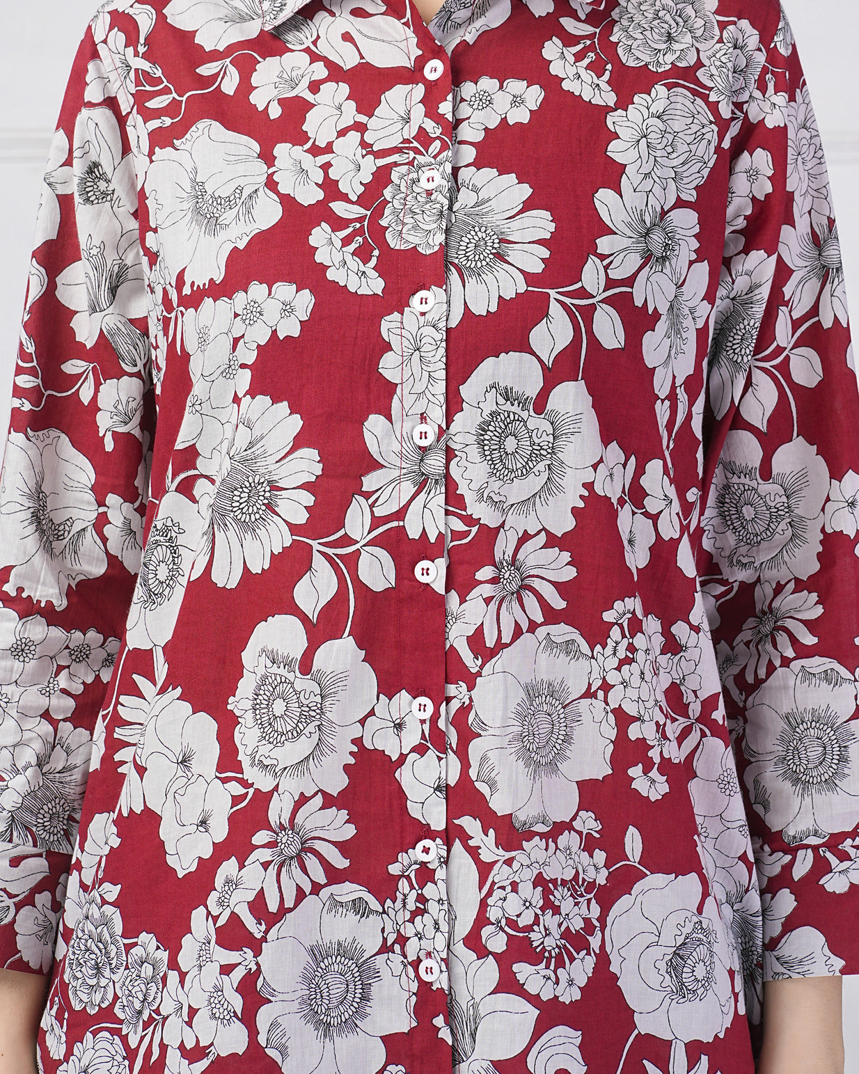 Maroon Floral Collar Cotton Co-ord Set