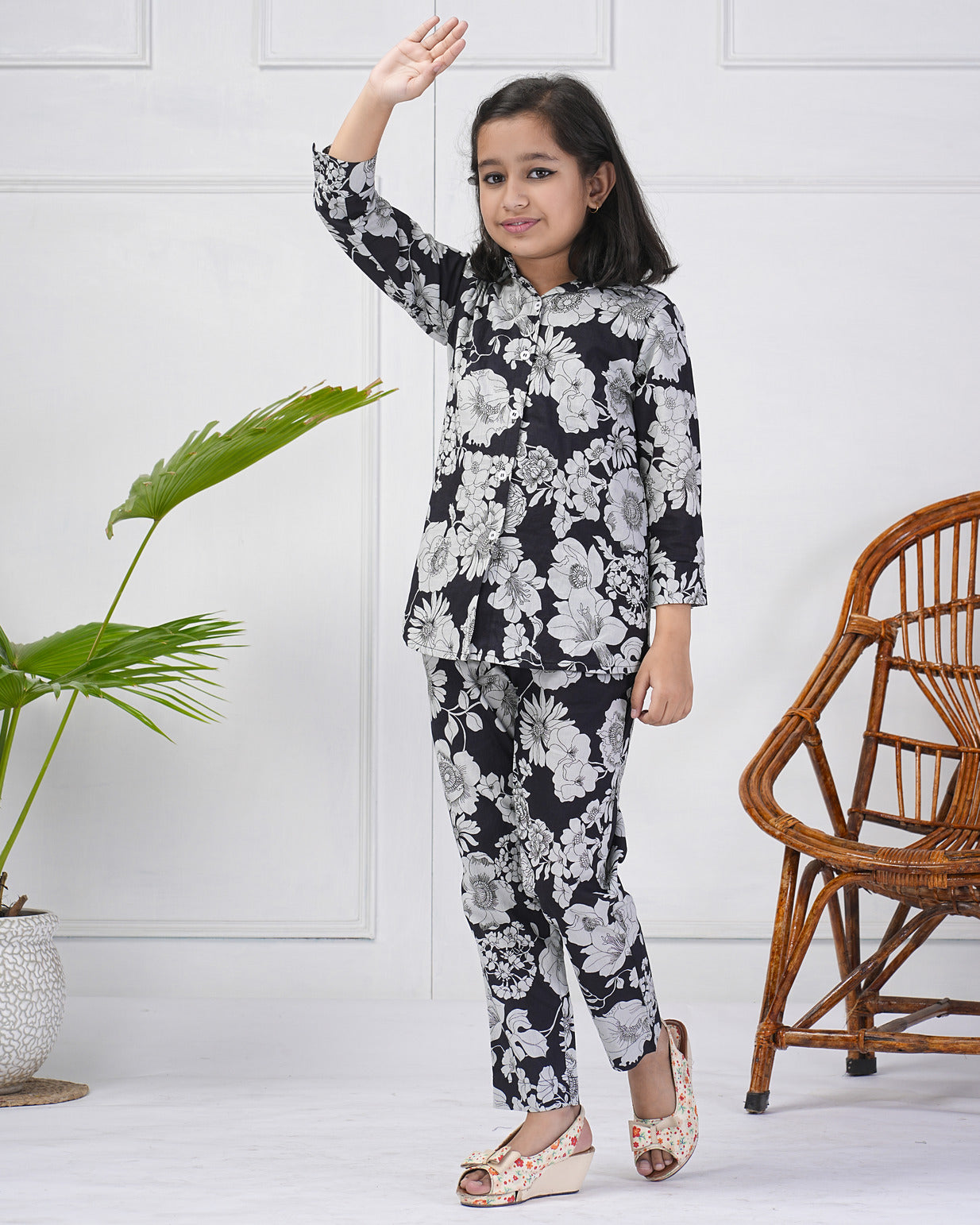 Black Floral Collar Muslin Co-ord Set