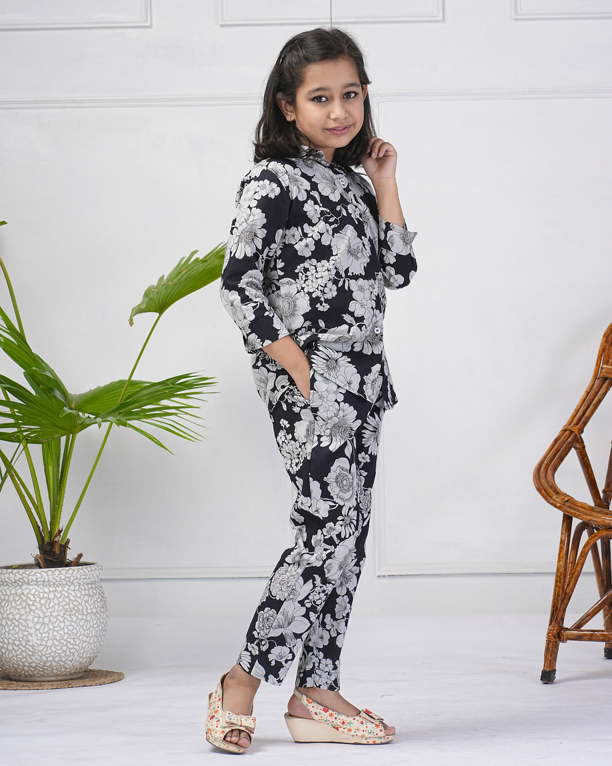 Black Floral Collar Muslin Co-ord Set