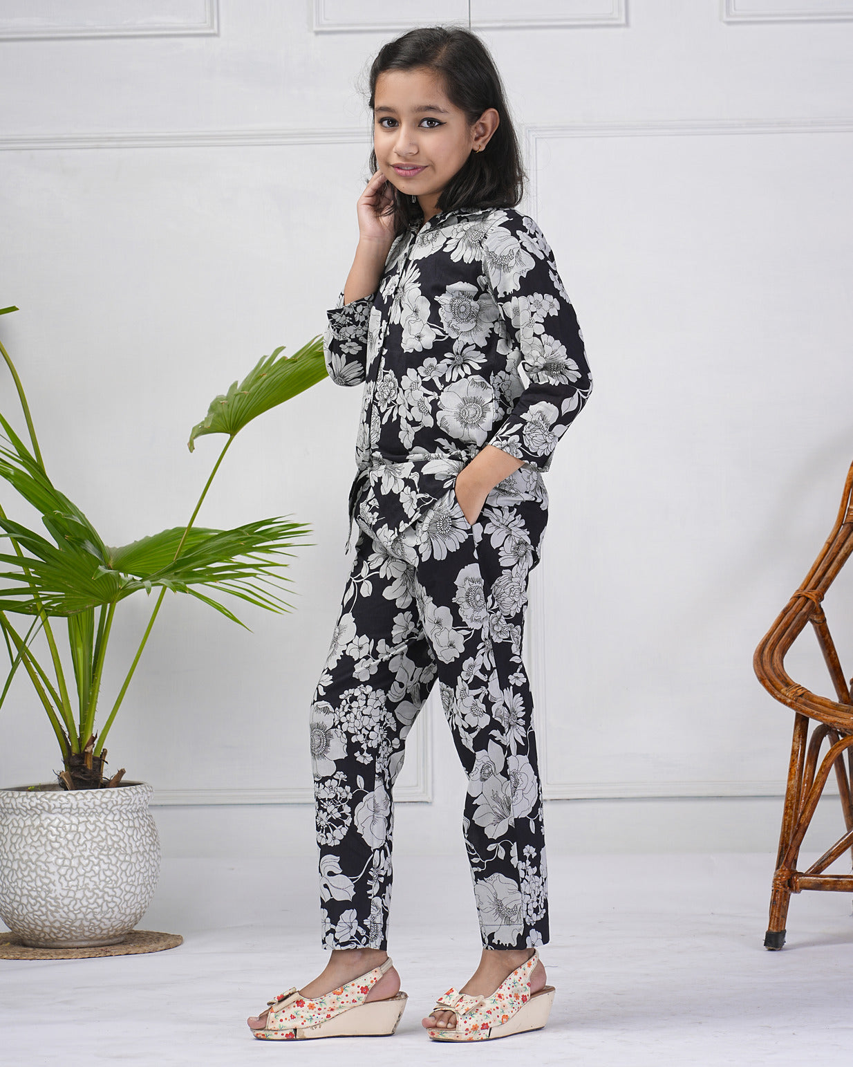 Black Floral Collar Muslin Co-ord Set