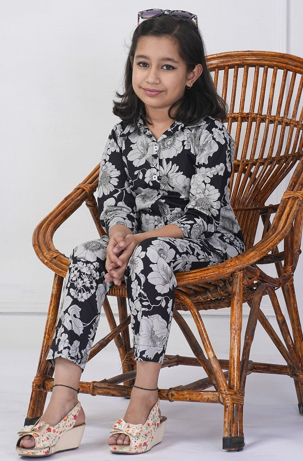 Black Floral Collar Muslin Co-ord Set