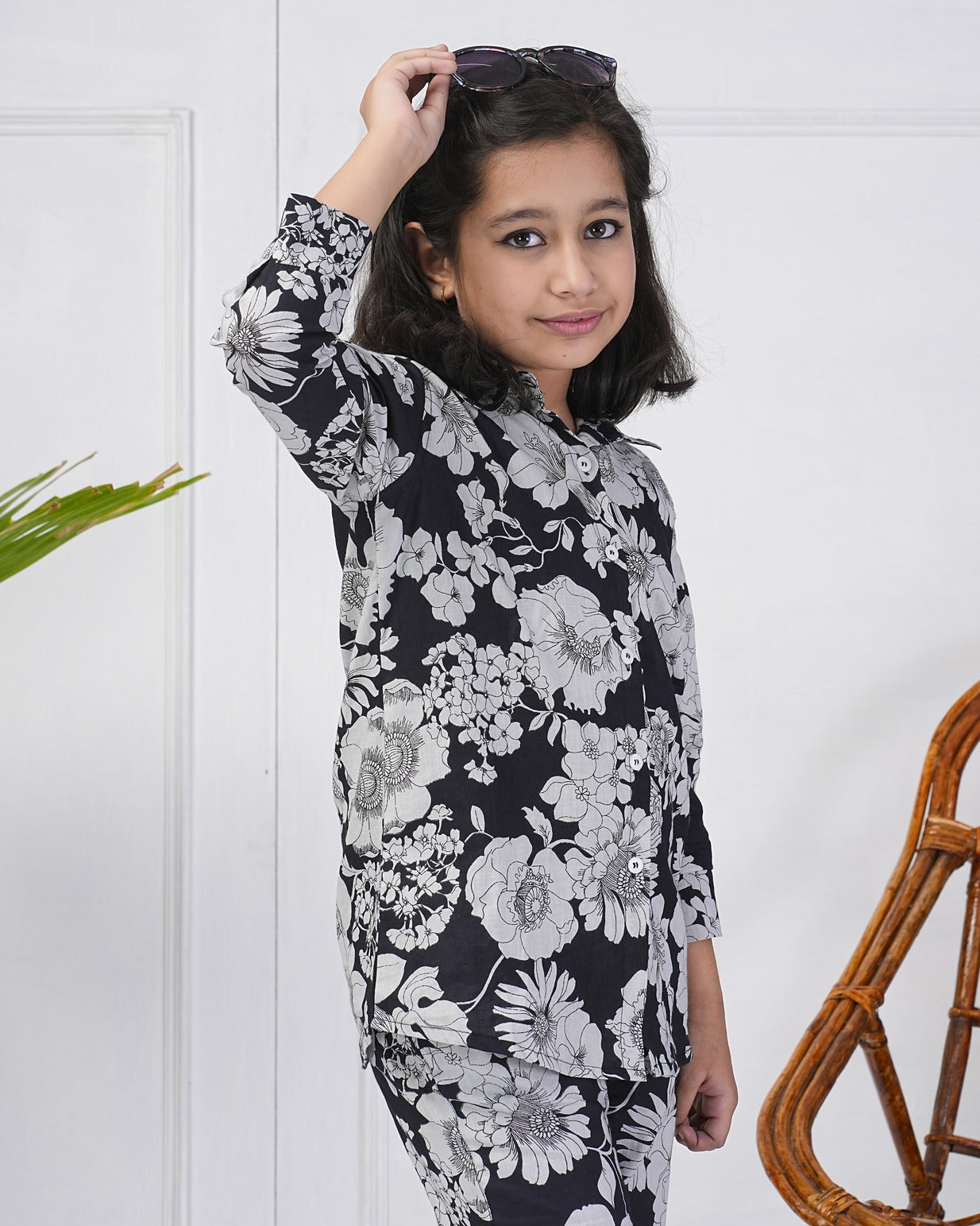 Black Floral Collar Muslin Co-ord Set