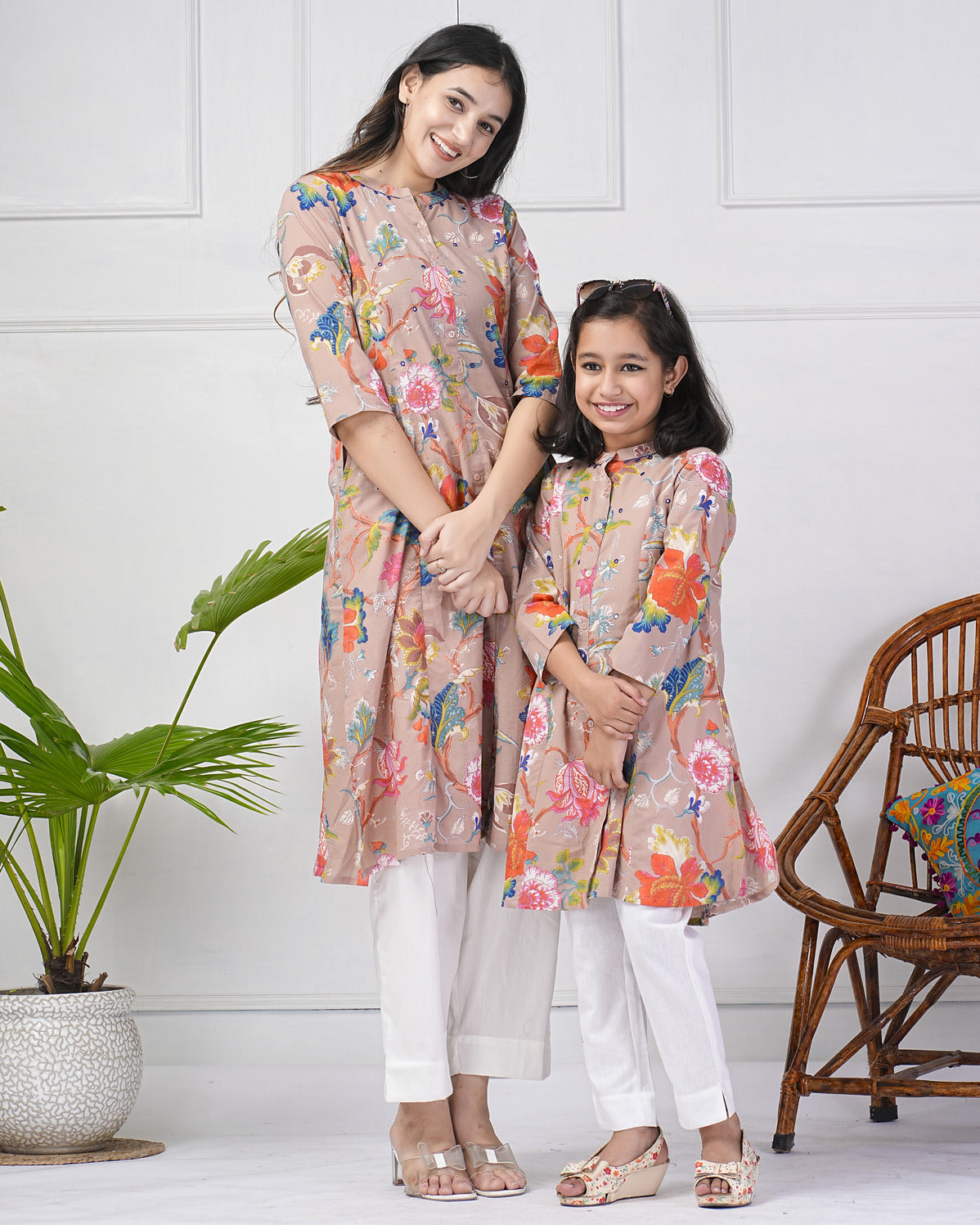 Dusty Pink Printed With Threadwork Neckline Cotton Kurti