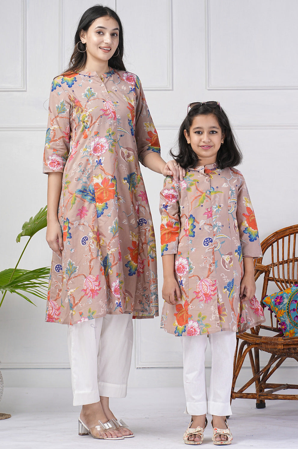 Dusty Pink Printed With Threadwork Neckline Cotton Kurti