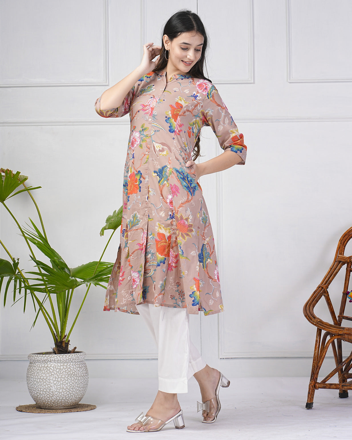 Dusty Pink Printed With Threadwork Neckline Cotton Kurti