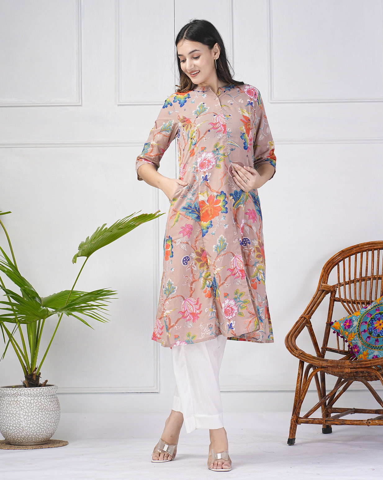 Dusty Pink Printed With Threadwork Neckline Cotton Kurti