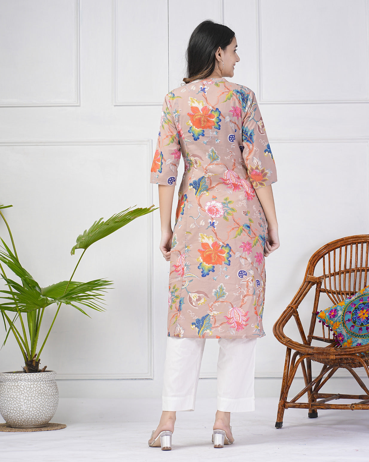 Dusty Pink Printed With Threadwork Neckline Cotton Kurti