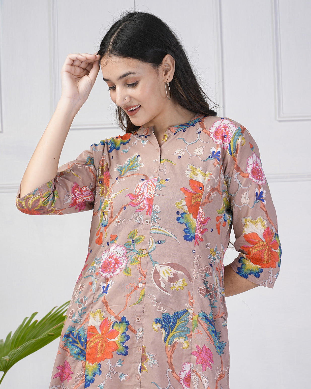 Dusty Pink Printed With Threadwork Neckline Cotton Kurti