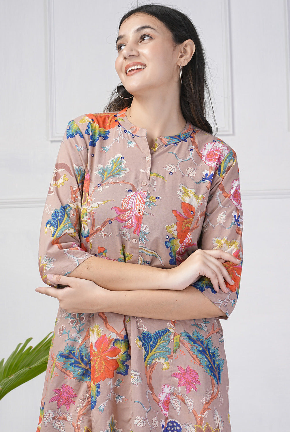 Dusty Pink Printed With Threadwork Neckline Cotton Kurti