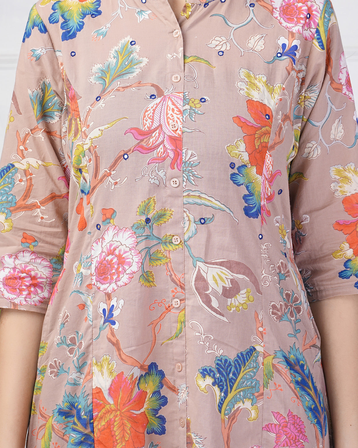 Dusty Pink Printed With Threadwork Neckline Cotton Kurti