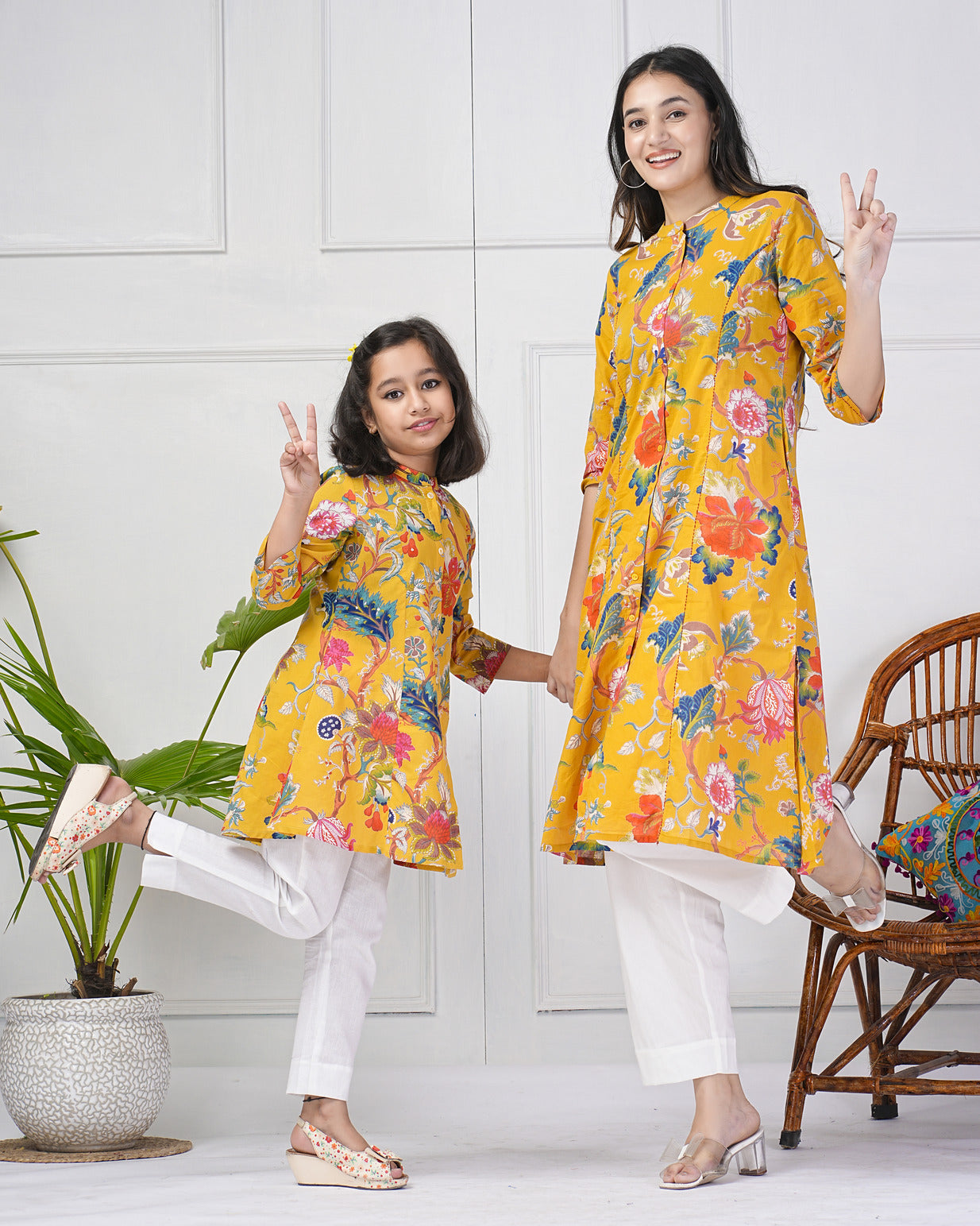 Mustard Yellow Floral Printed Simple Cotton Kurti