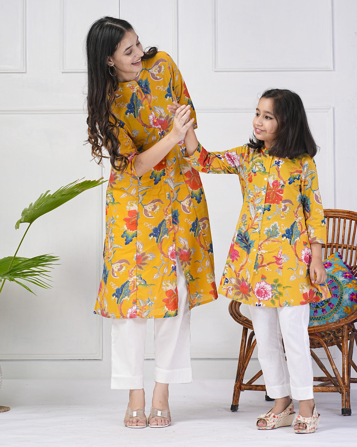 Mustard Yellow Floral Printed Simple Cotton Kurti