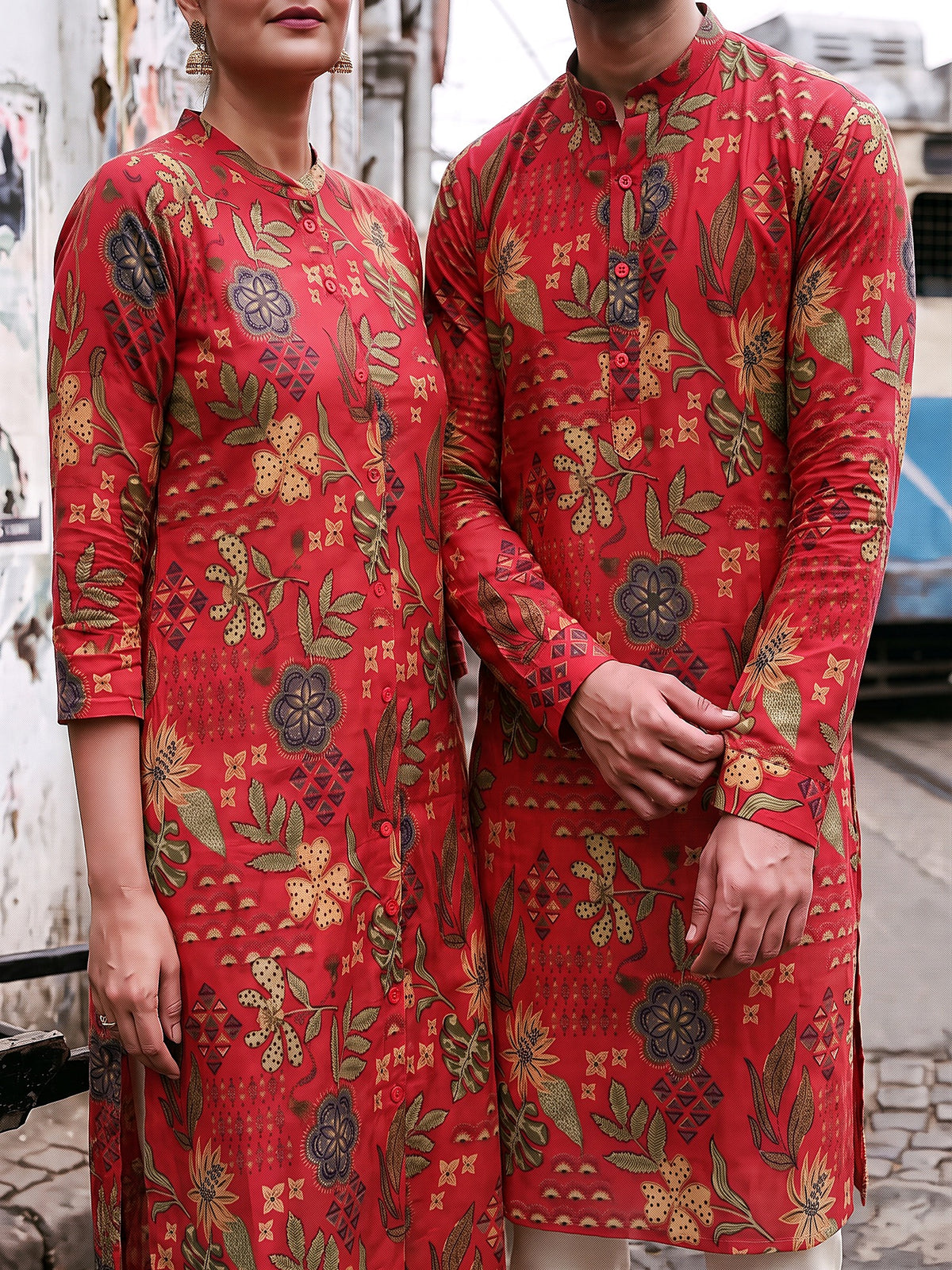 Red Tropical Jodi couple print close-up