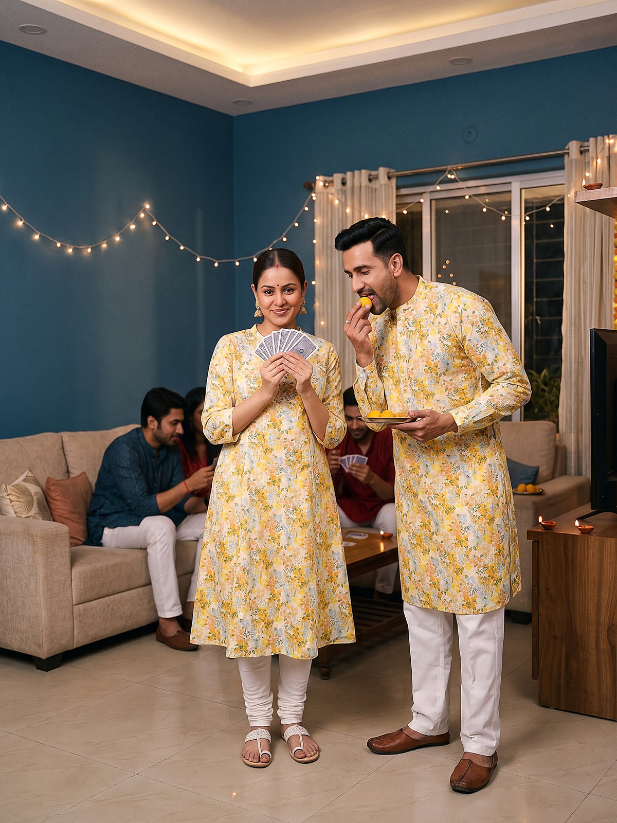 Yellow Watercolour Floral Jodi couple kurta set front