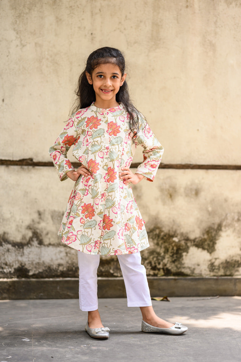 Blue And Pink Floral Embellished Cotton Girl's Kurti