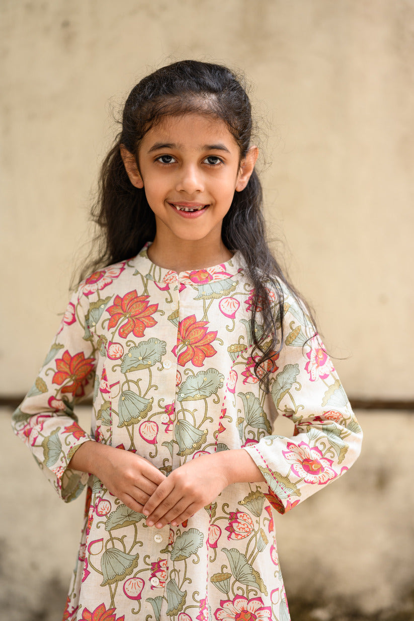 Blue And Pink Floral Embellished Cotton Girl's Kurti