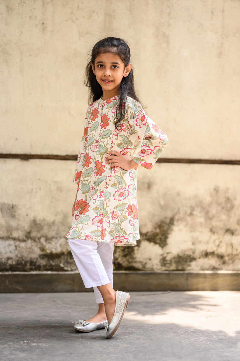 Blue And Pink Floral Embellished Cotton Girl's Kurti