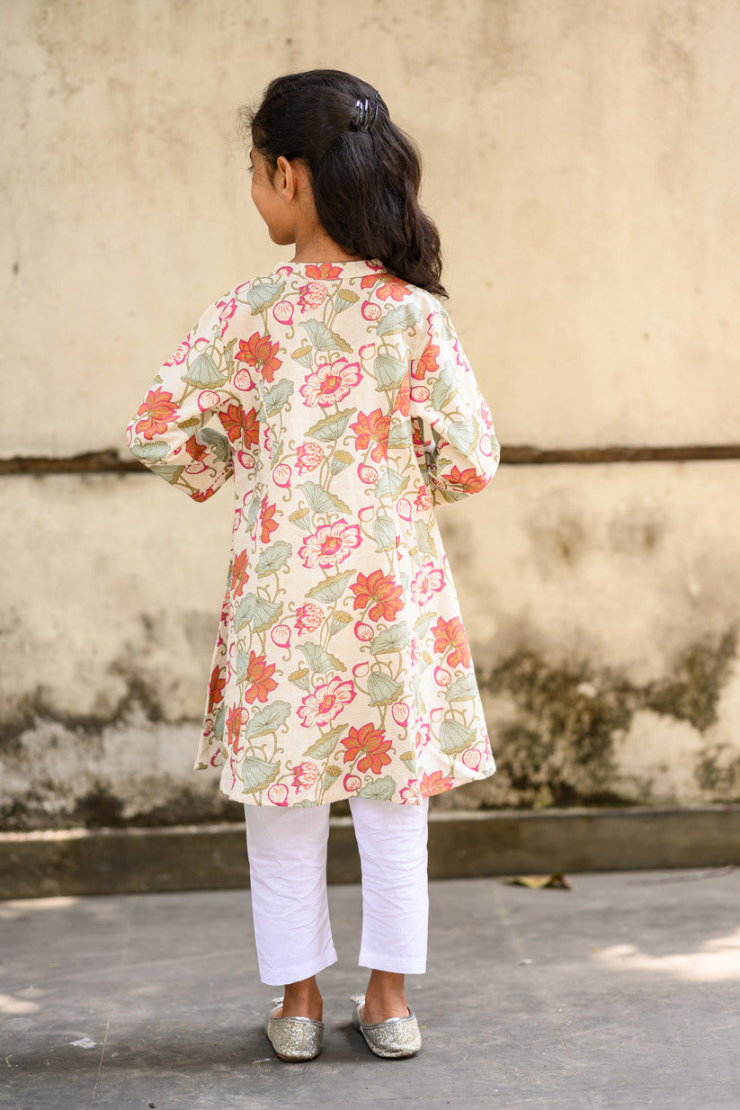 Blue And Pink Floral Embellished Cotton Girl's Kurti