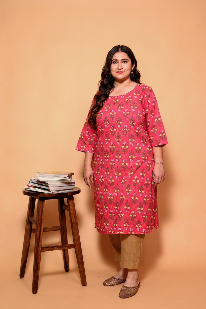 Dark Pink and Yellow Small Floral Printed Cotton Kurti