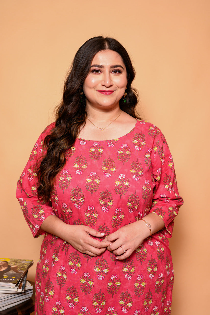 Dark Pink and Yellow Small Floral Printed Cotton Kurti
